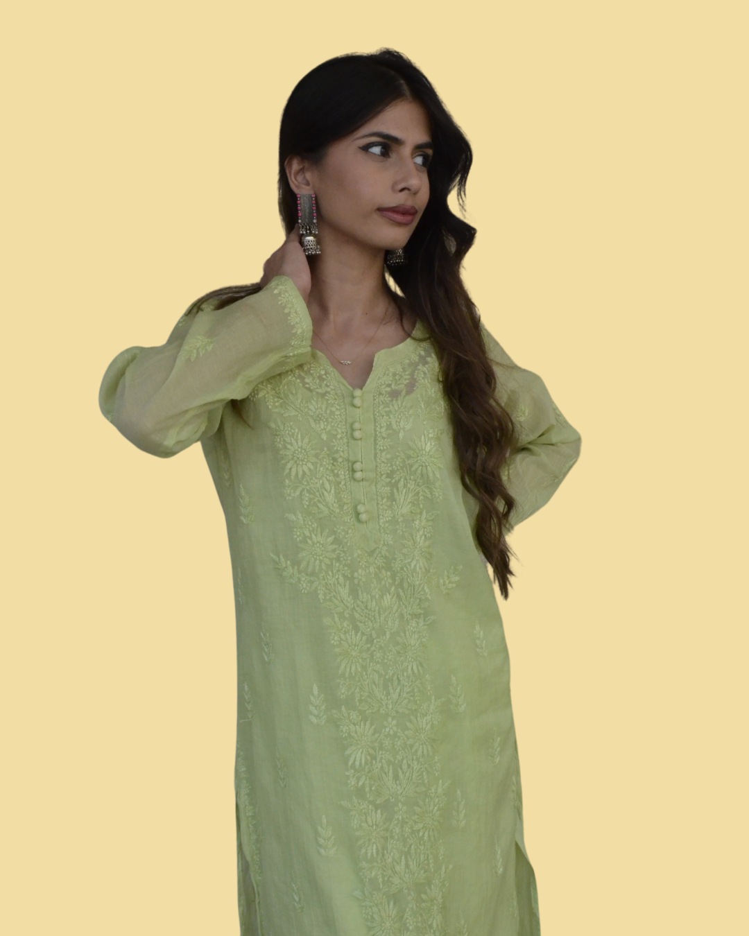 PISTACHIO GREEN MUL CHANDERI KURTI WITH INNER