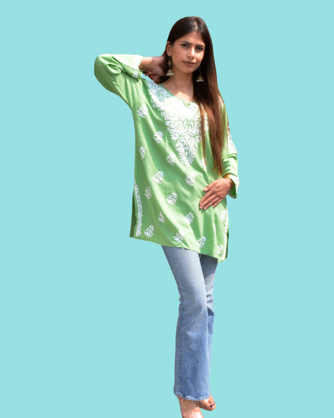 MINT WHISPER CHIKANKARI SHORT TOP