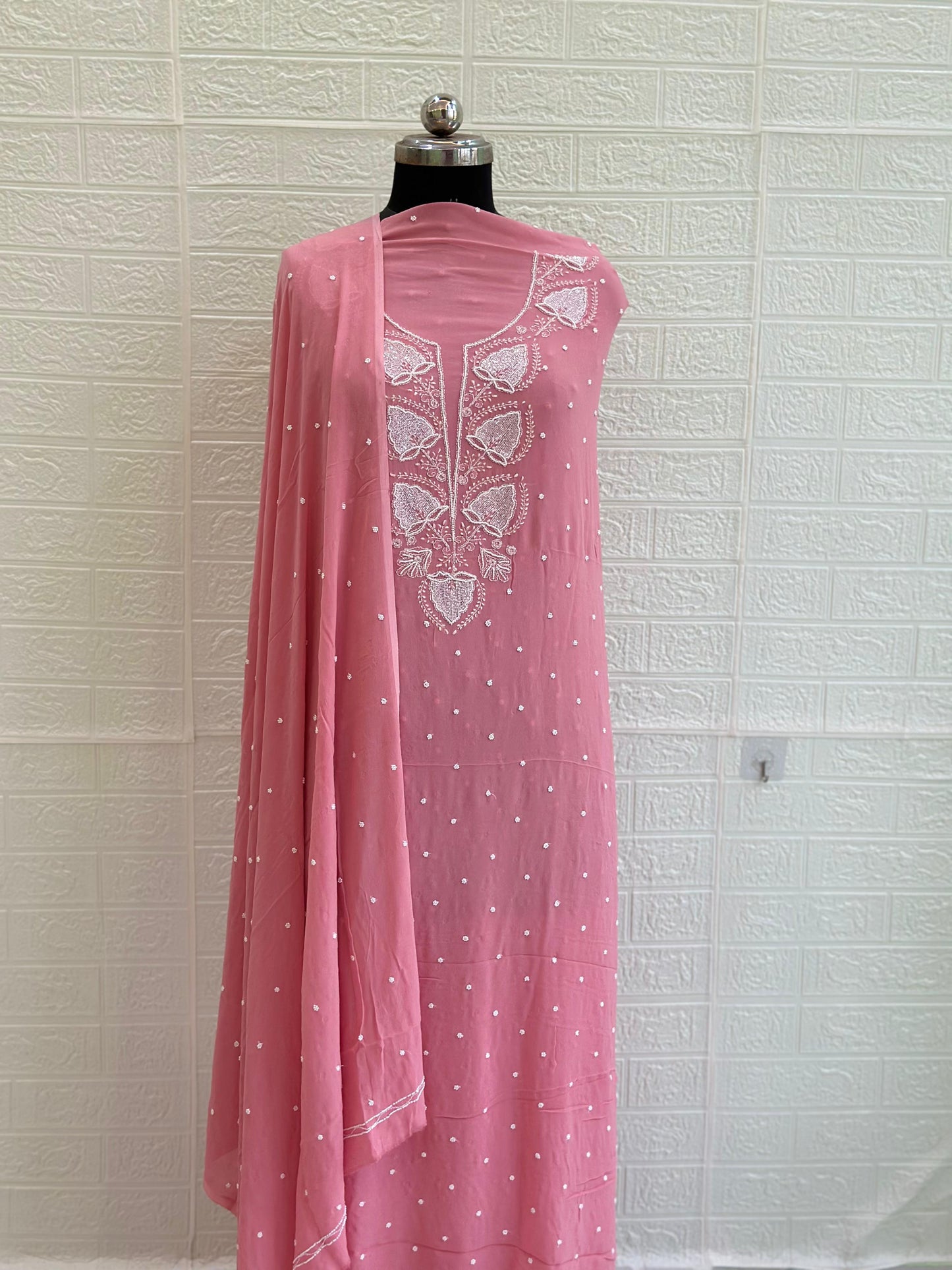 Chikankari Viscose Georgette Unstiched Suit Set – Hand-Embroidered with Pearl & Cut Dana Work