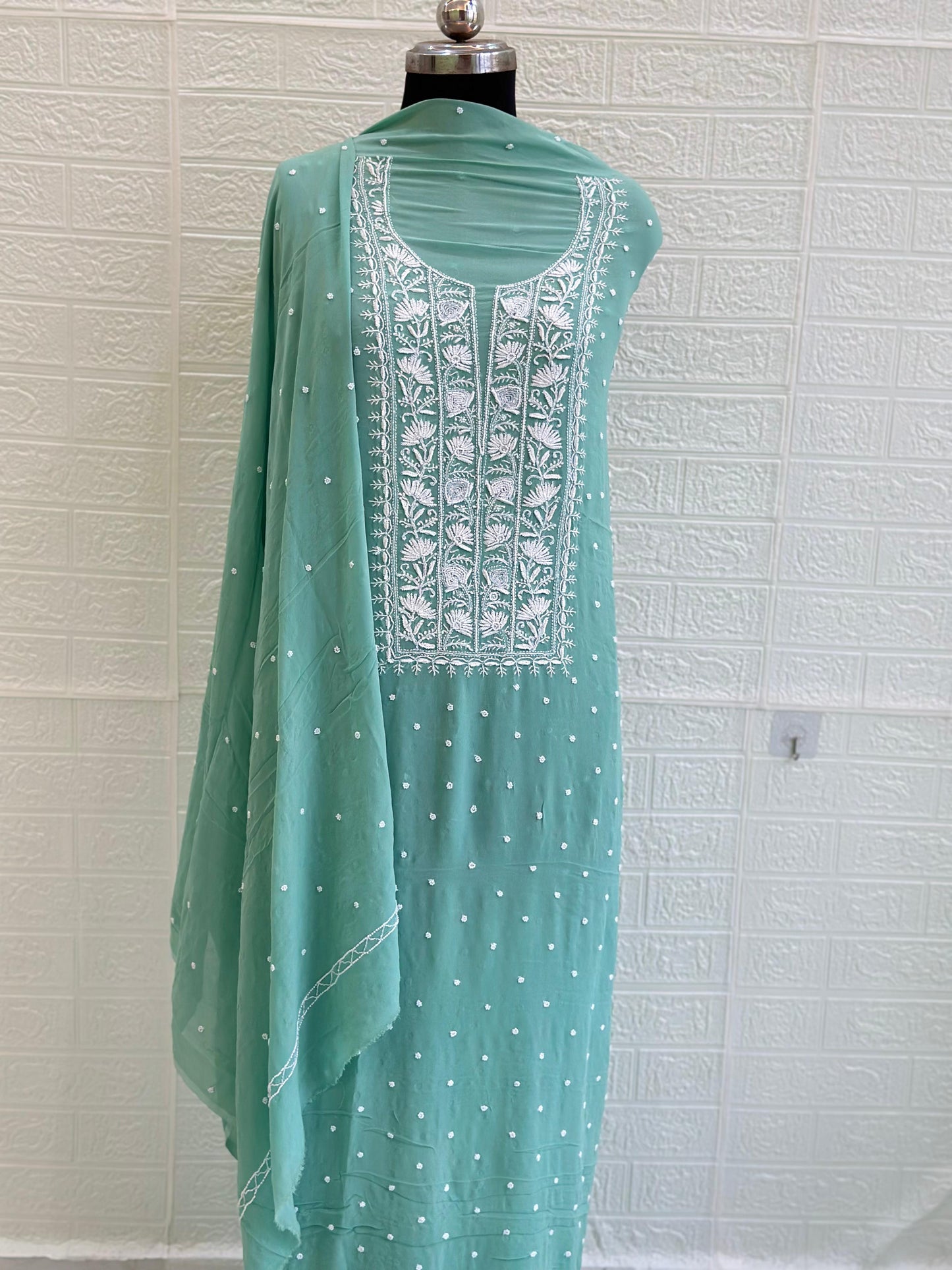 Chikankari Viscose Georgette Unstiched Suit Set – Hand-Embroidered with Pearl & Cut Dana Work