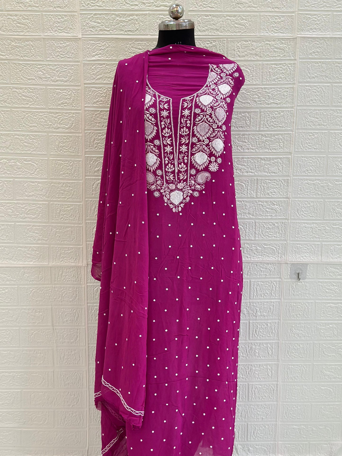Chikankari Viscose Georgette Unstiched Suit Set – Hand-Embroidered with Pearl & Cut Dana Work