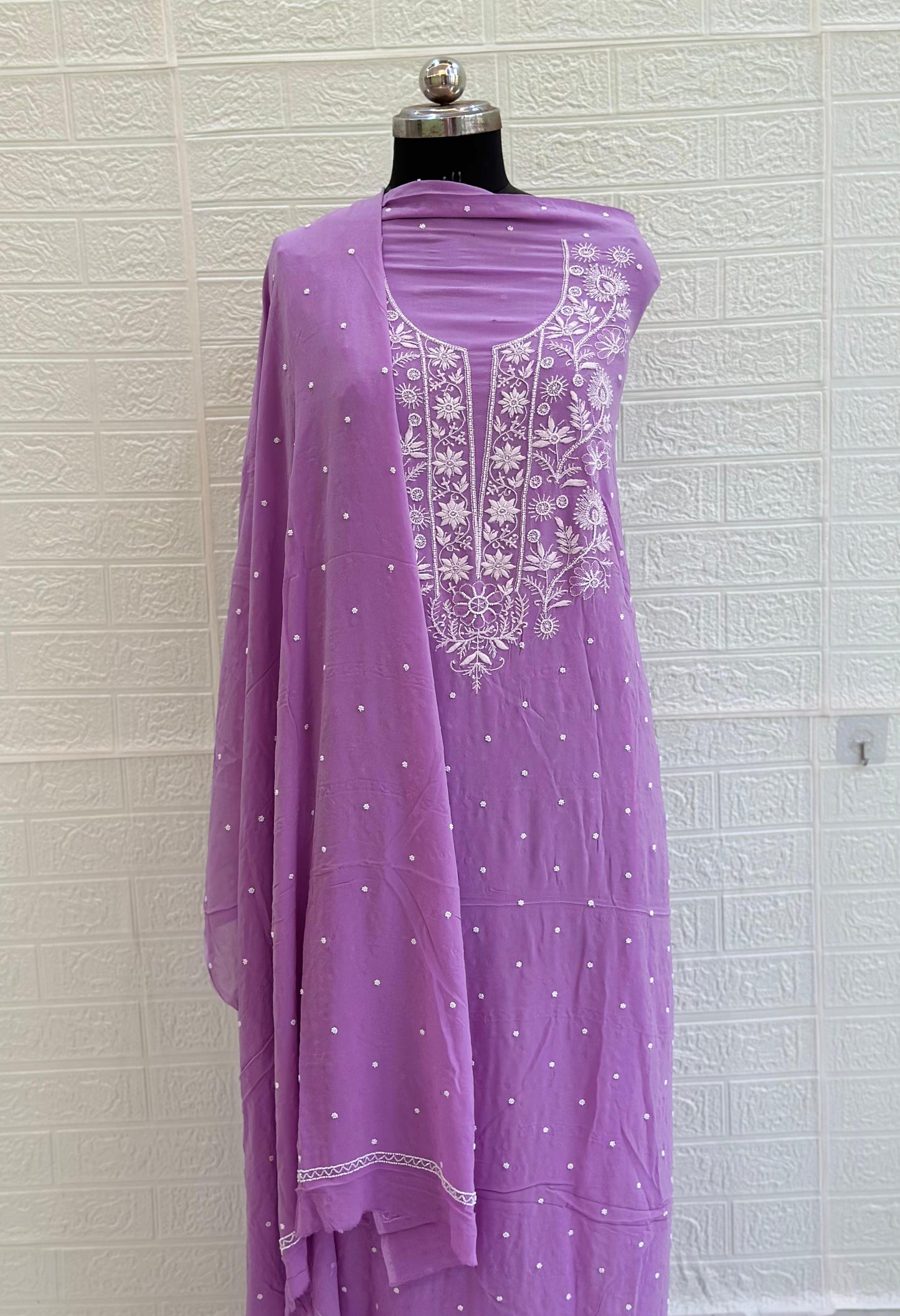 Chikankari Viscose Georgette Unstiched Suit Set – Hand-Embroidered with Pearl & Cut Dana Work