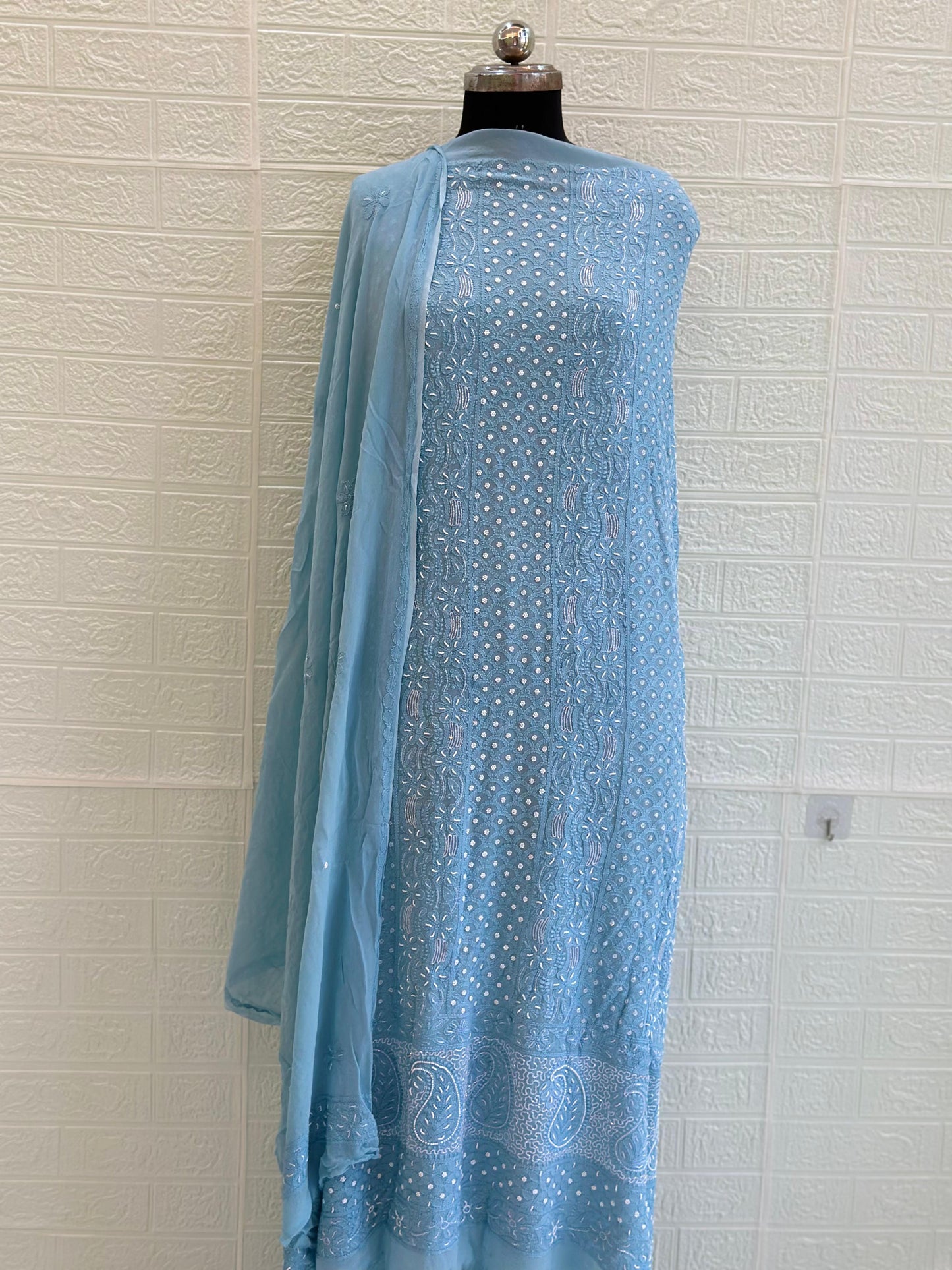 Chikankari Viscose Georgette Unstiched Full Jaal Suit Set – Hand Embroidery with Pearl & Cut Dana Work