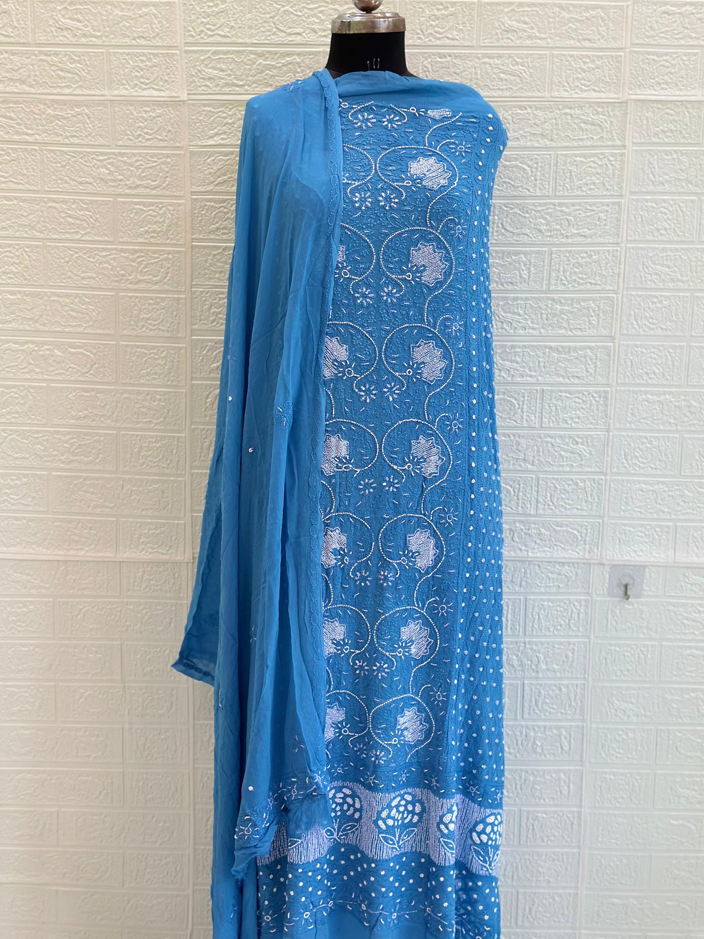 Chikankari Viscose Georgette Unstiched Full Jaal Suit Set – Hand Embroidery with Pearl & Cut Dana Work