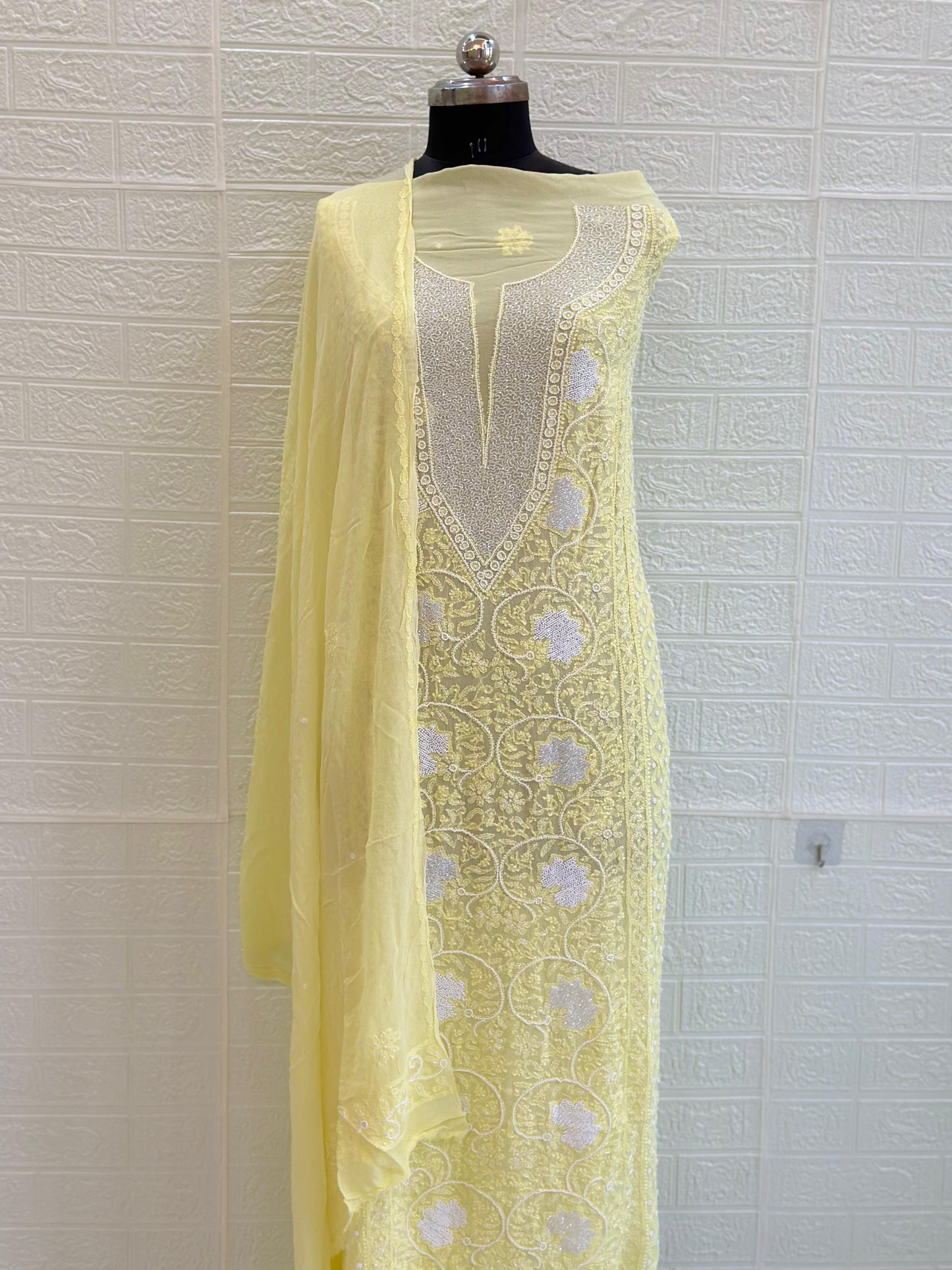 Chikankari Viscose Georgette Unstiched Full Jaal Suit Set – Hand Embroidery with Pearl & Cut Dana Work