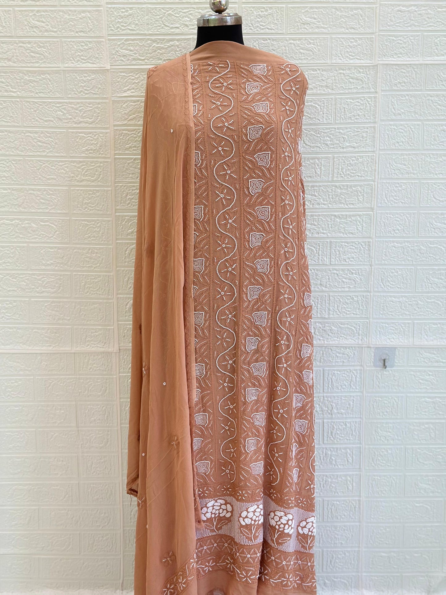Chikankari Viscose Georgette Unstiched Full Jaal Suit Set – Hand Embroidery with Pearl & Cut Dana Work