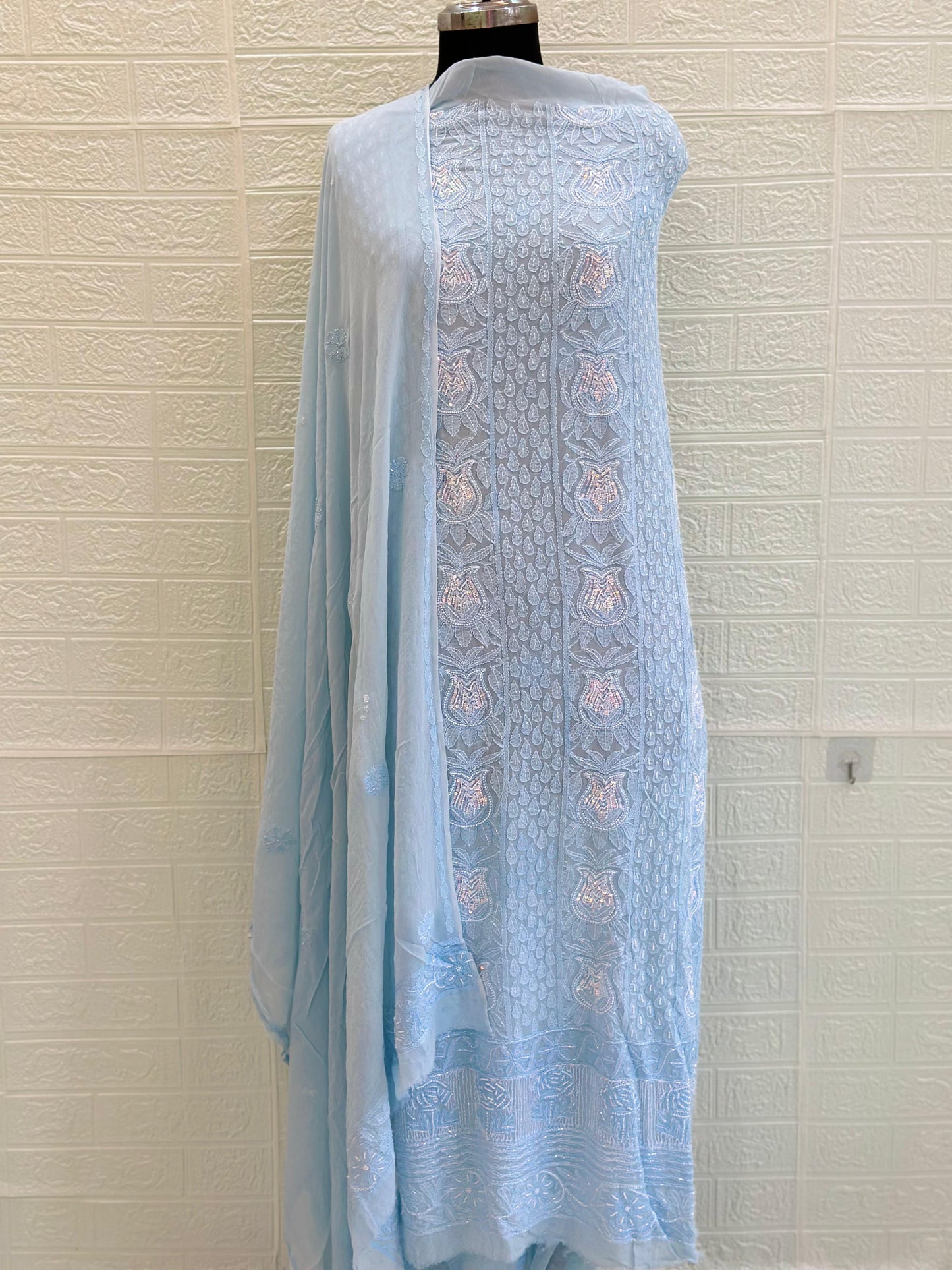 Chikankari Viscose Georgette Unstiched Full Jaal Suit Set – Hand Embroidery with Pearl & Cut Dana Work