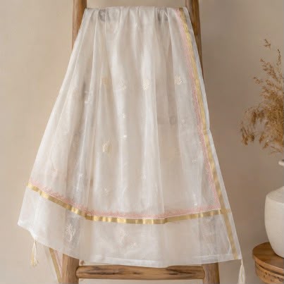 Chikankari Pure Mul Chanderi Semi-Stitched Gown with Dupatta & Pearl Work – Elegant Ethnic Gown
