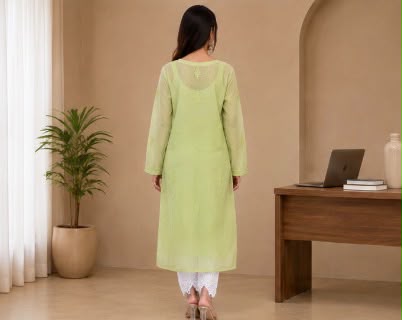 Chikankari Kurti – Pistachio Green Hand Embroidered Mul Chanderi Kurti for Women | House of Anaraa