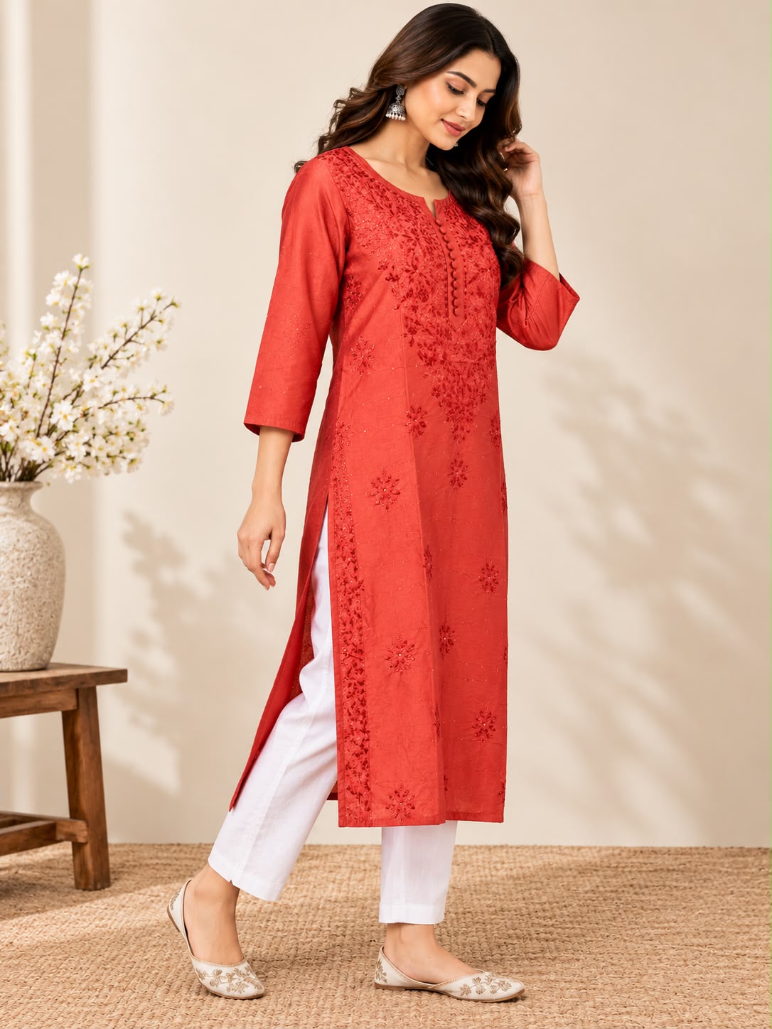 Sitara Rust Chanderi Silk Chikankari Kurti