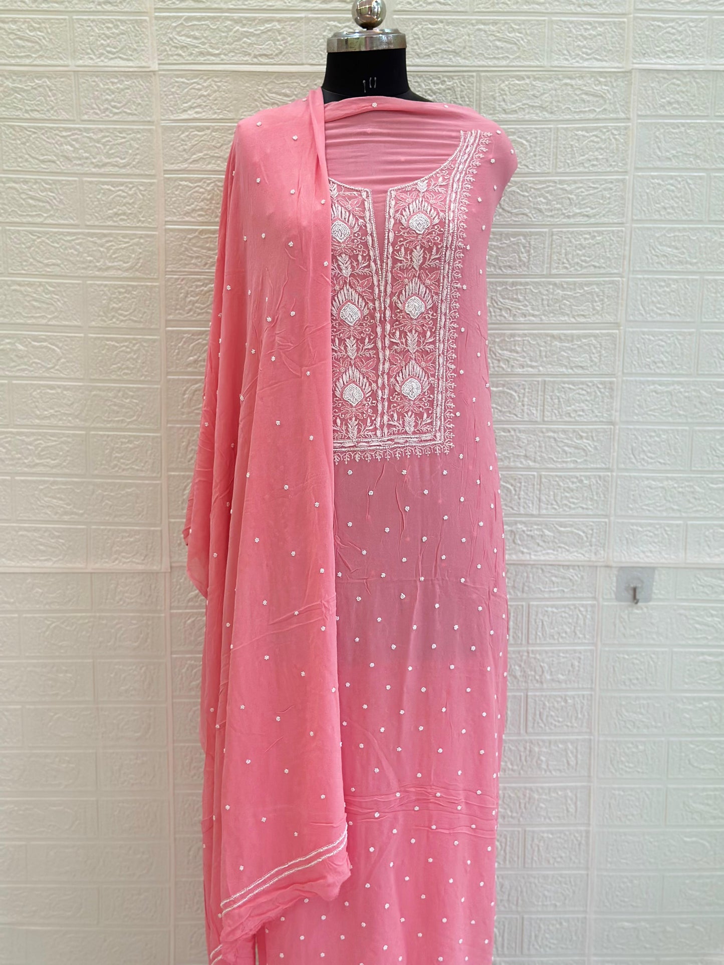 Chikankari Viscose Georgette Unstiched Suit Set – Hand-Embroidered with Pearl & Cut Dana Work