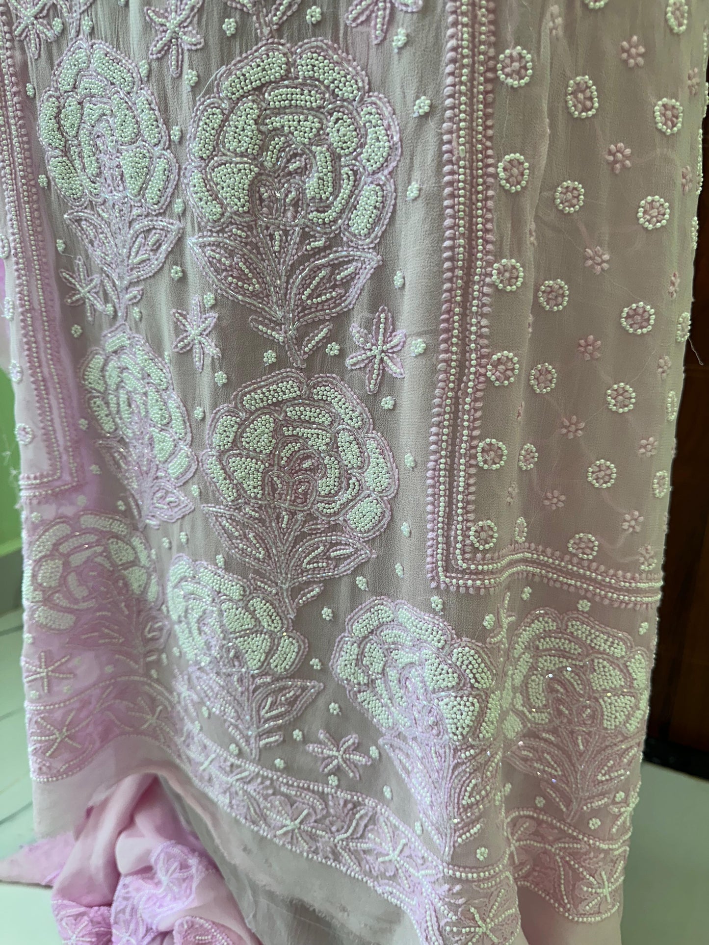 Chikankari Viscose Georgette Unstiched Full Jaal Suit Set – Hand Embroidery with Pearl & Cut Dana Work
