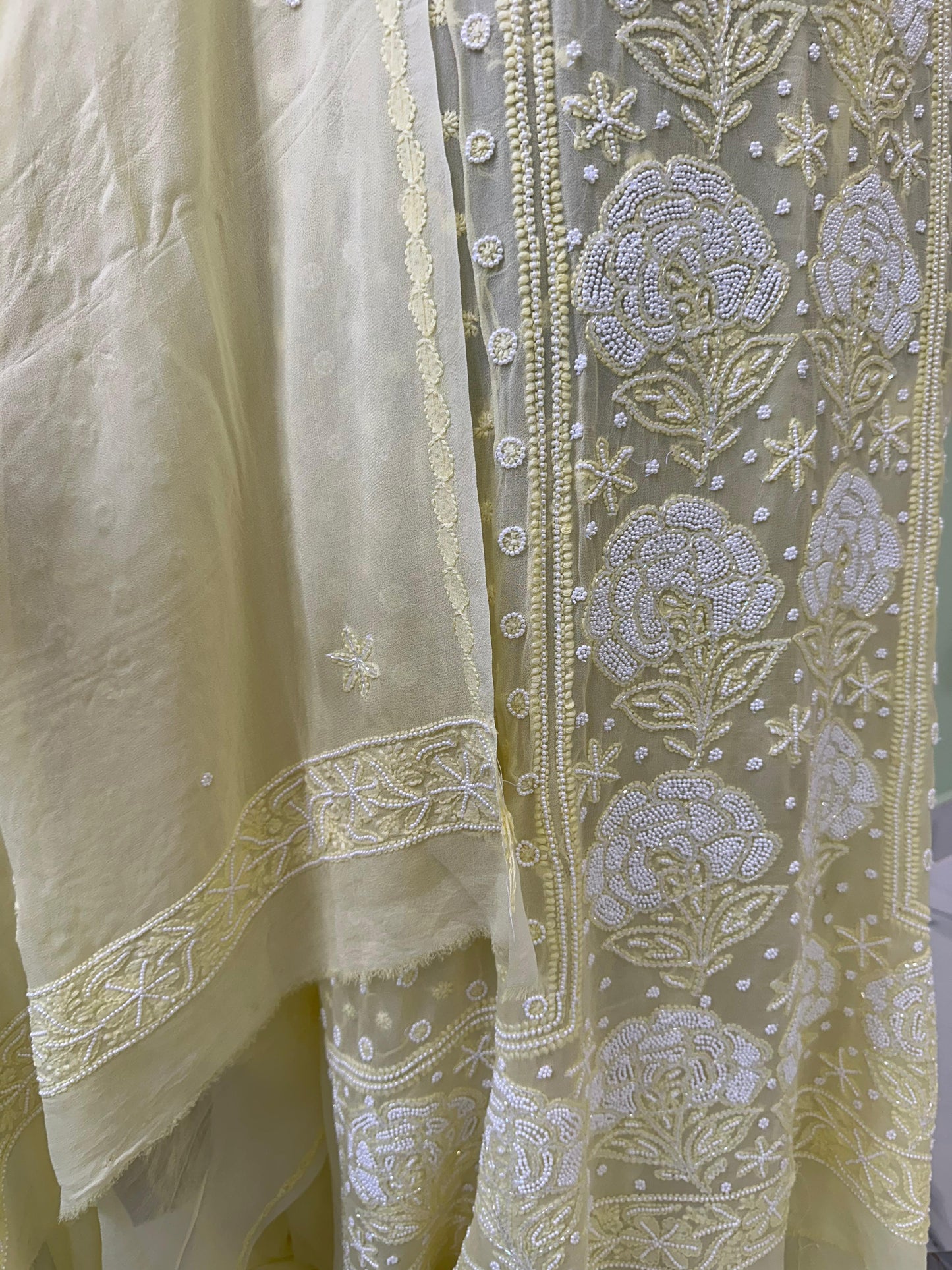 Chikankari Viscose Georgette Unstiched Full Jaal Suit Set – Hand Embroidery with Pearl & Cut Dana Work