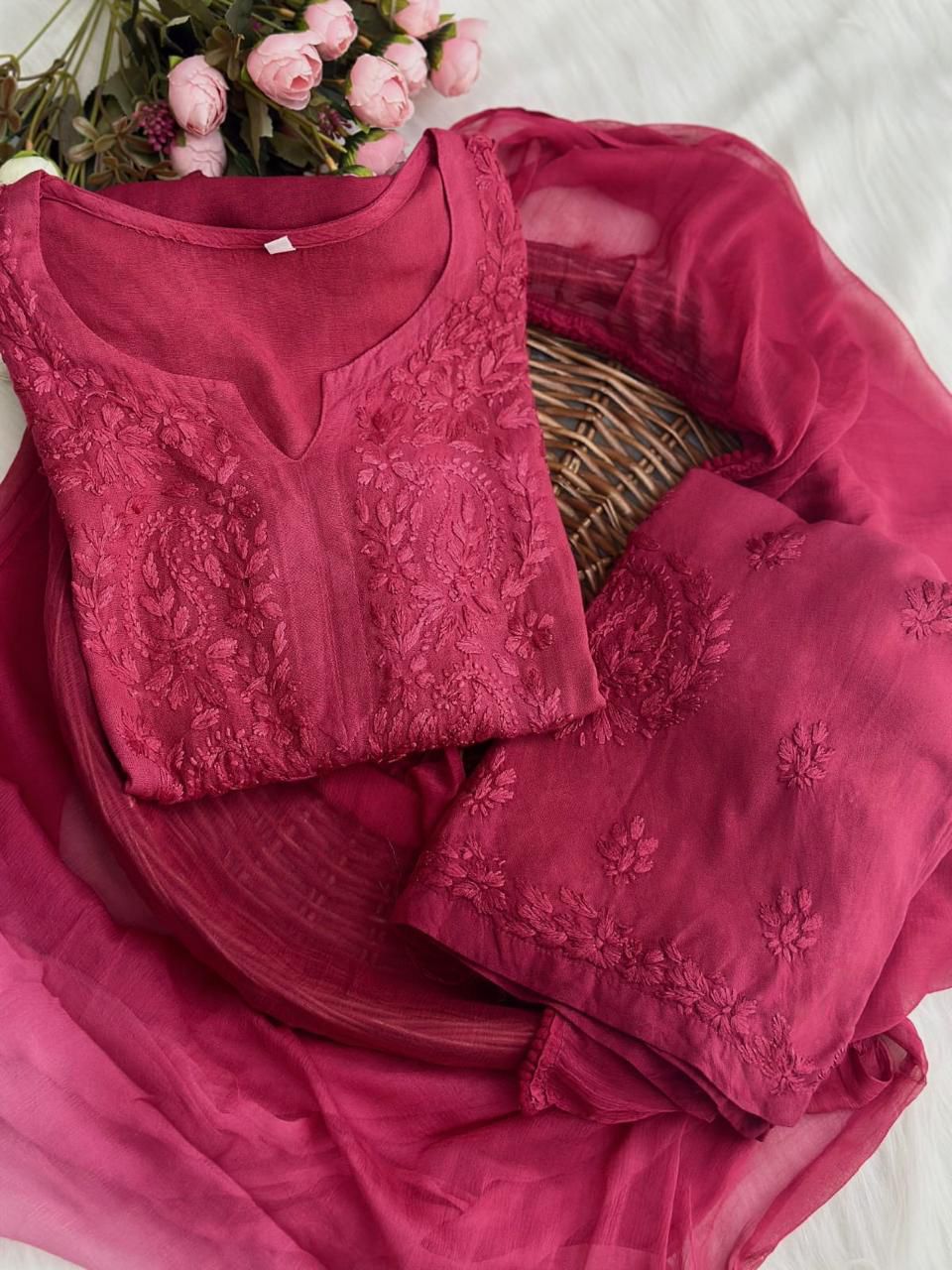 Chikankari Premium Hand-Embroidered Dye Rayon Plazzo Set With Dupatta
