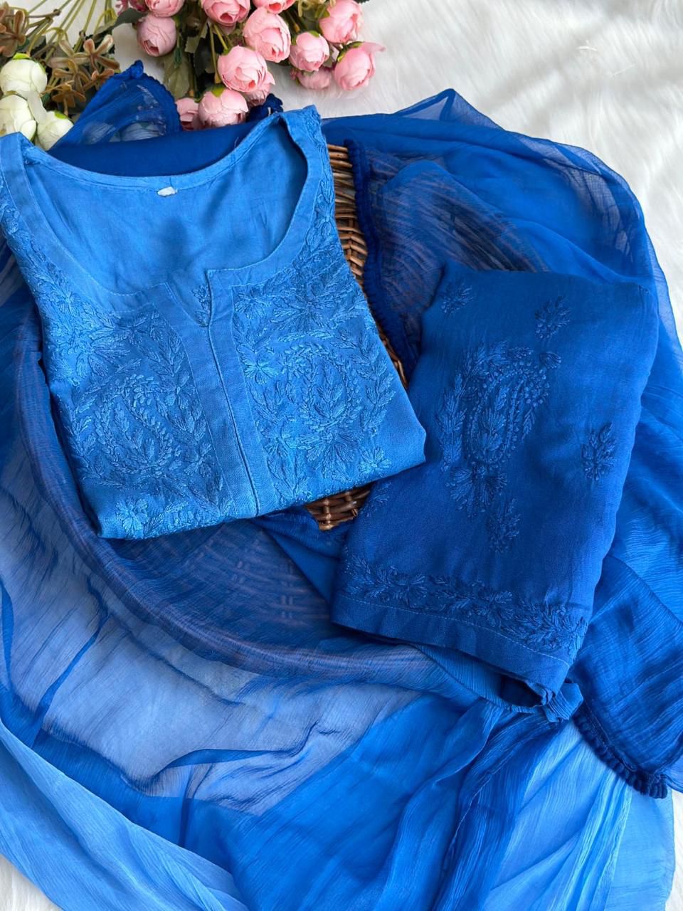 Chikankari Premium Hand-Embroidered Dye Rayon Plazzo Set With Dupatta
