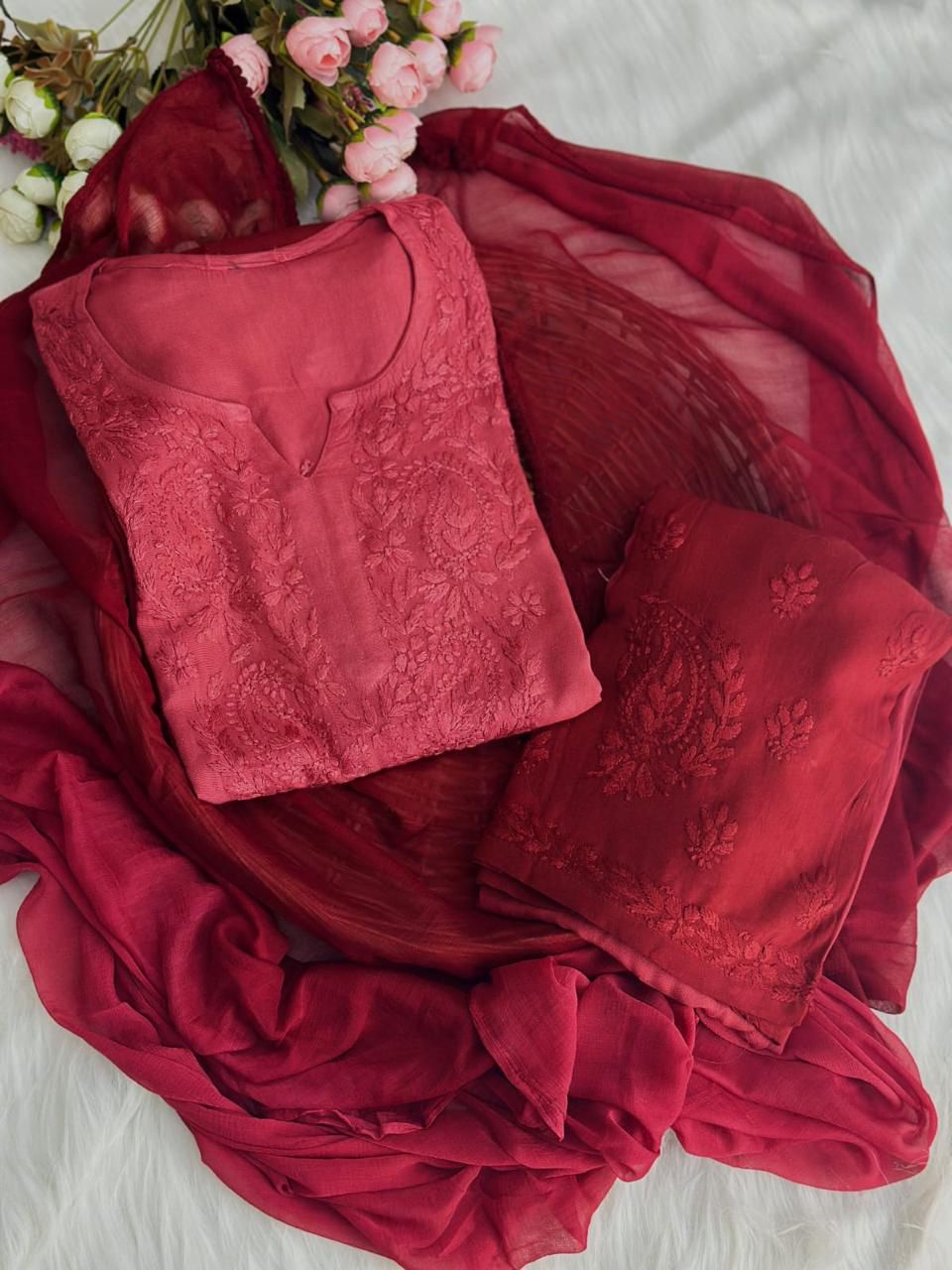 Chikankari Premium Hand-Embroidered Dye Rayon Plazzo Set With Dupatta