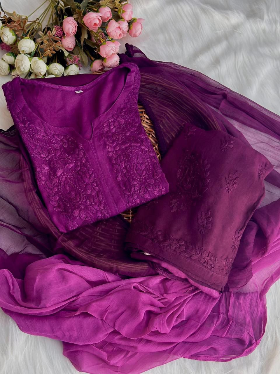 Chikankari Premium Hand-Embroidered Dye Rayon Plazzo Set With Dupatta