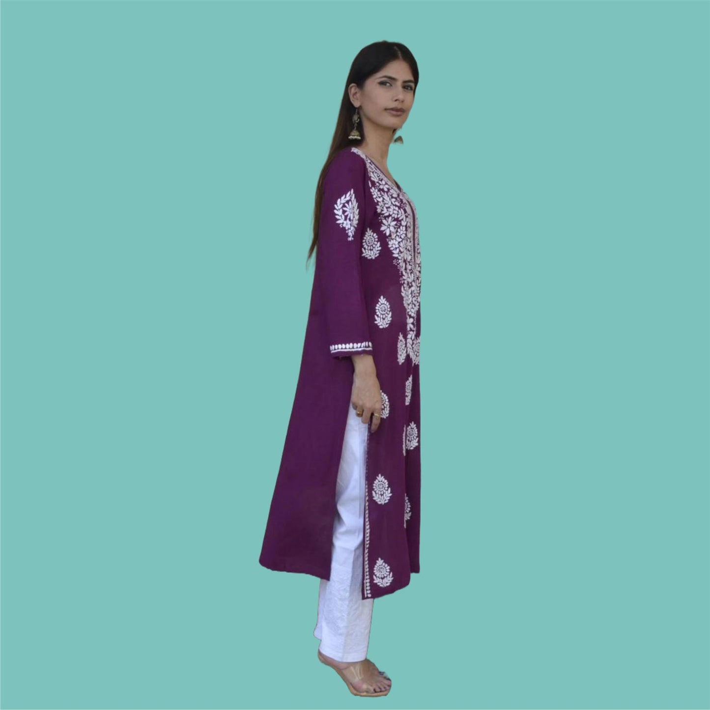 WINE MODAL CHIKANKARI LONG KURTI