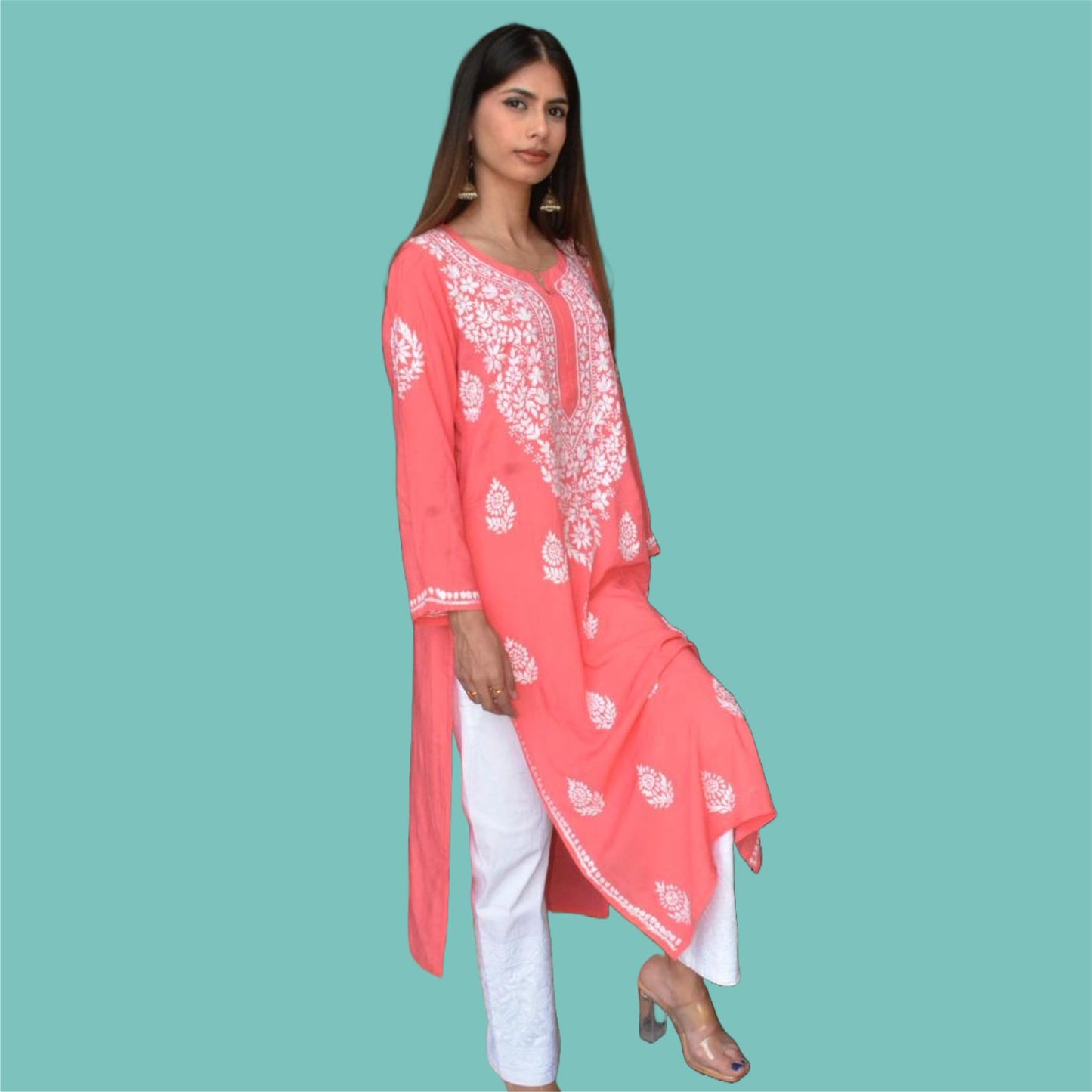 CORAL MODAL CHIKANKARI LONG KURTI