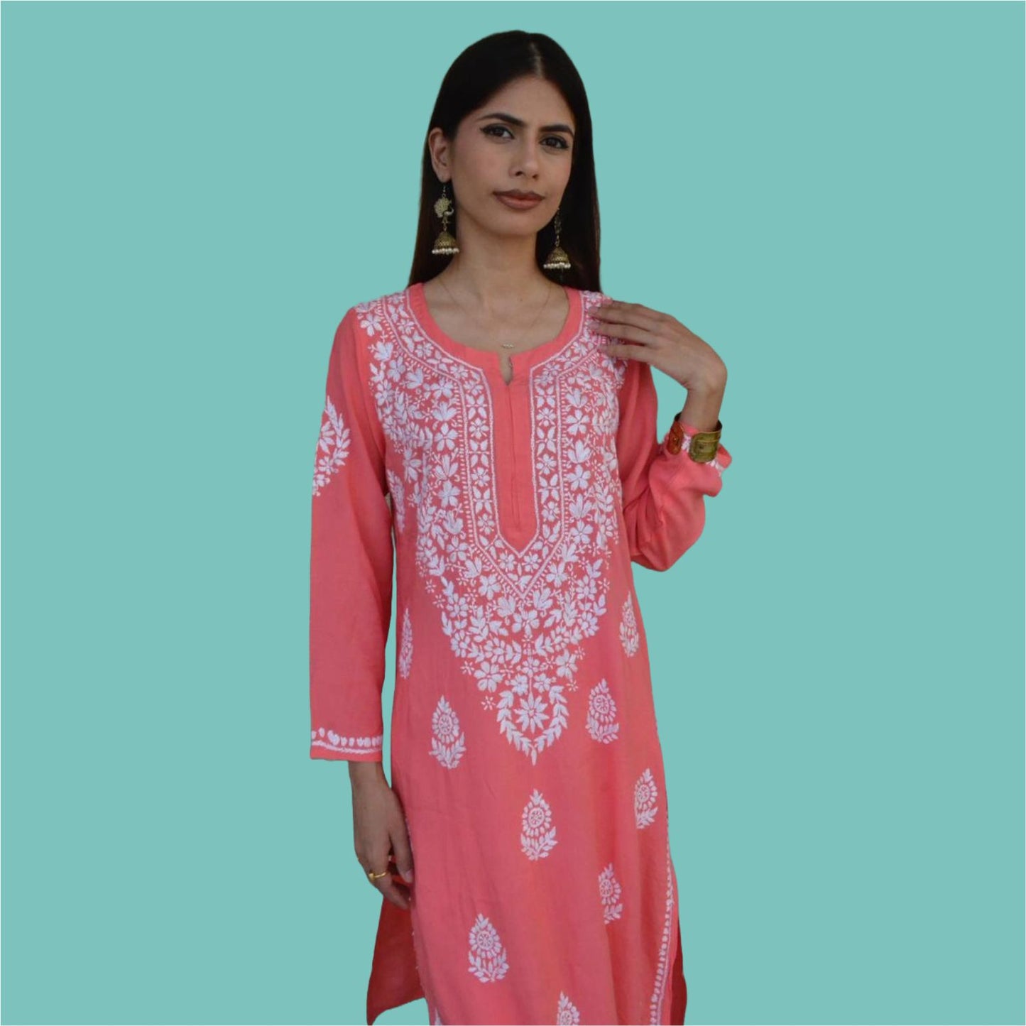 CORAL MODAL CHIKANKARI LONG KURTI