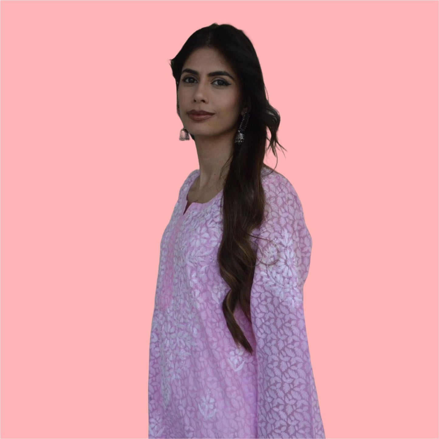 PINK BRASSO COTTON CHIKANKARI LONG KURTI