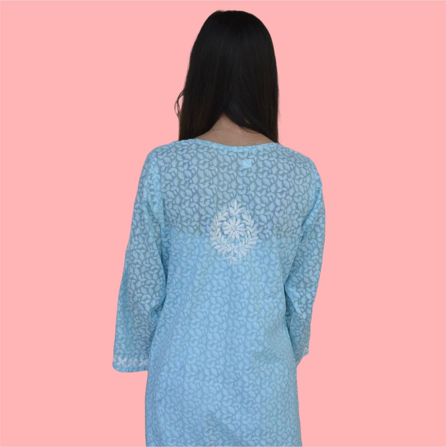 SKY BLUE BRASSO COTTON CHIKANKARI LONG KURTI