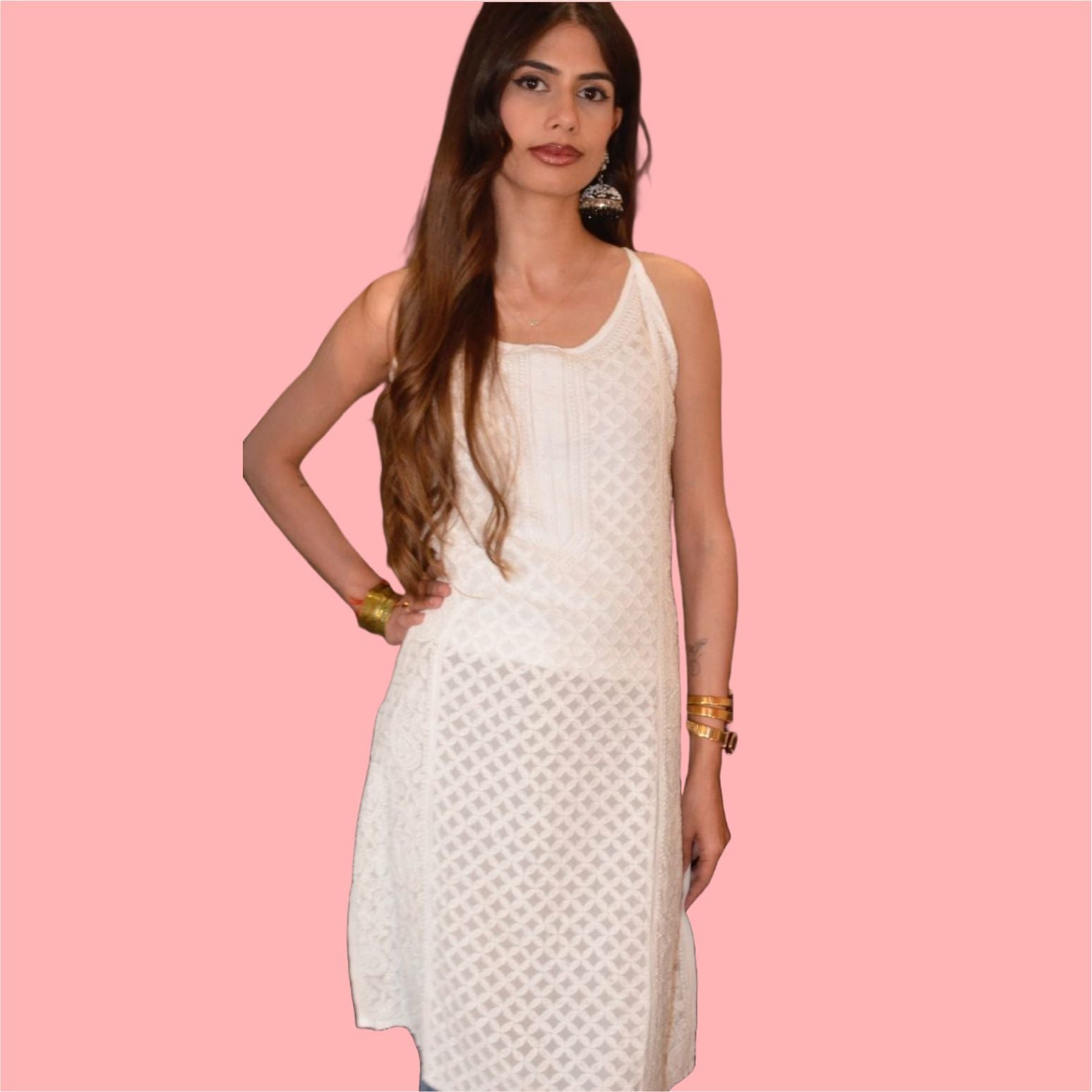 Chikankari White Dyable Vescose Strap Short Kurti-white