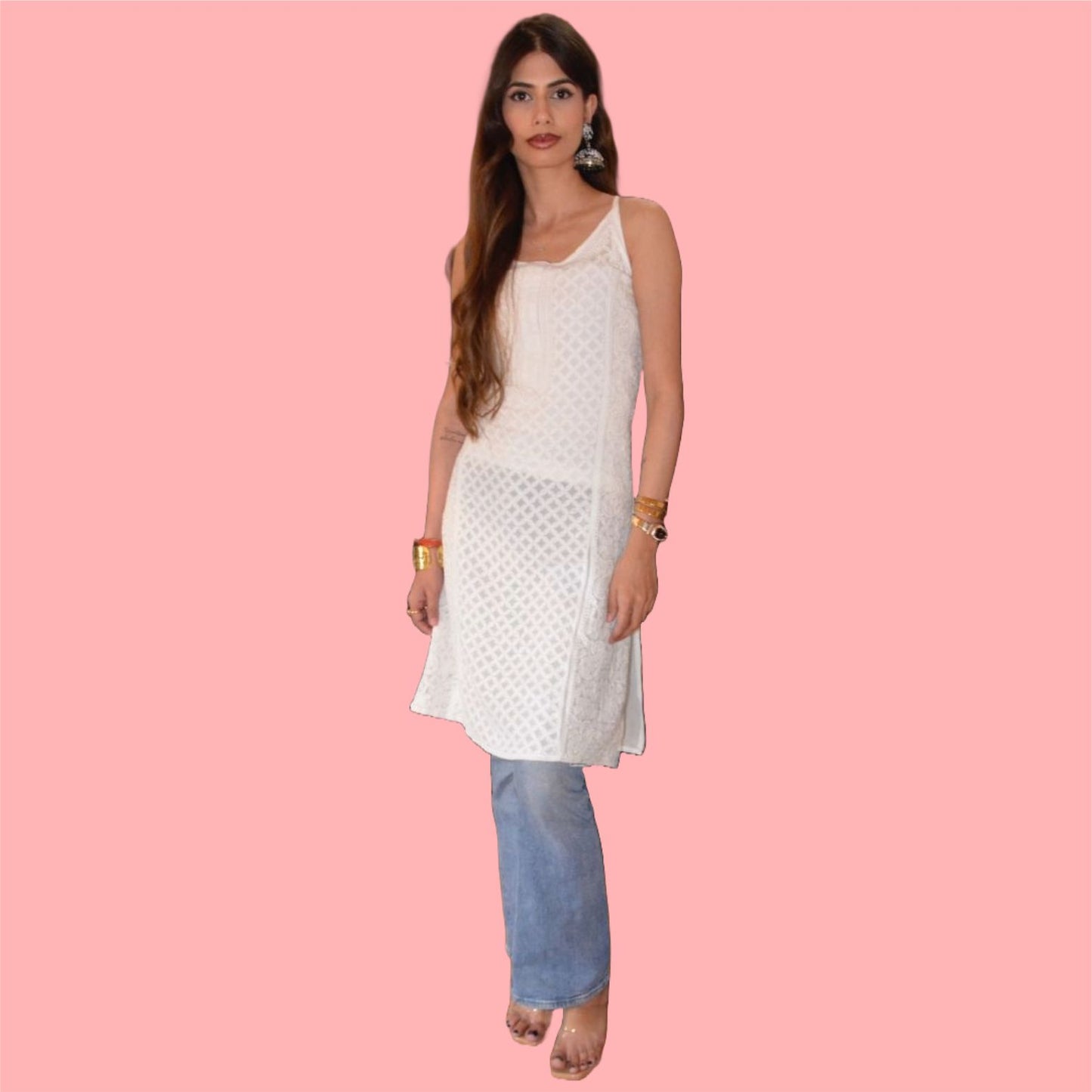 Chikankari Vescose Strap Short Kurti