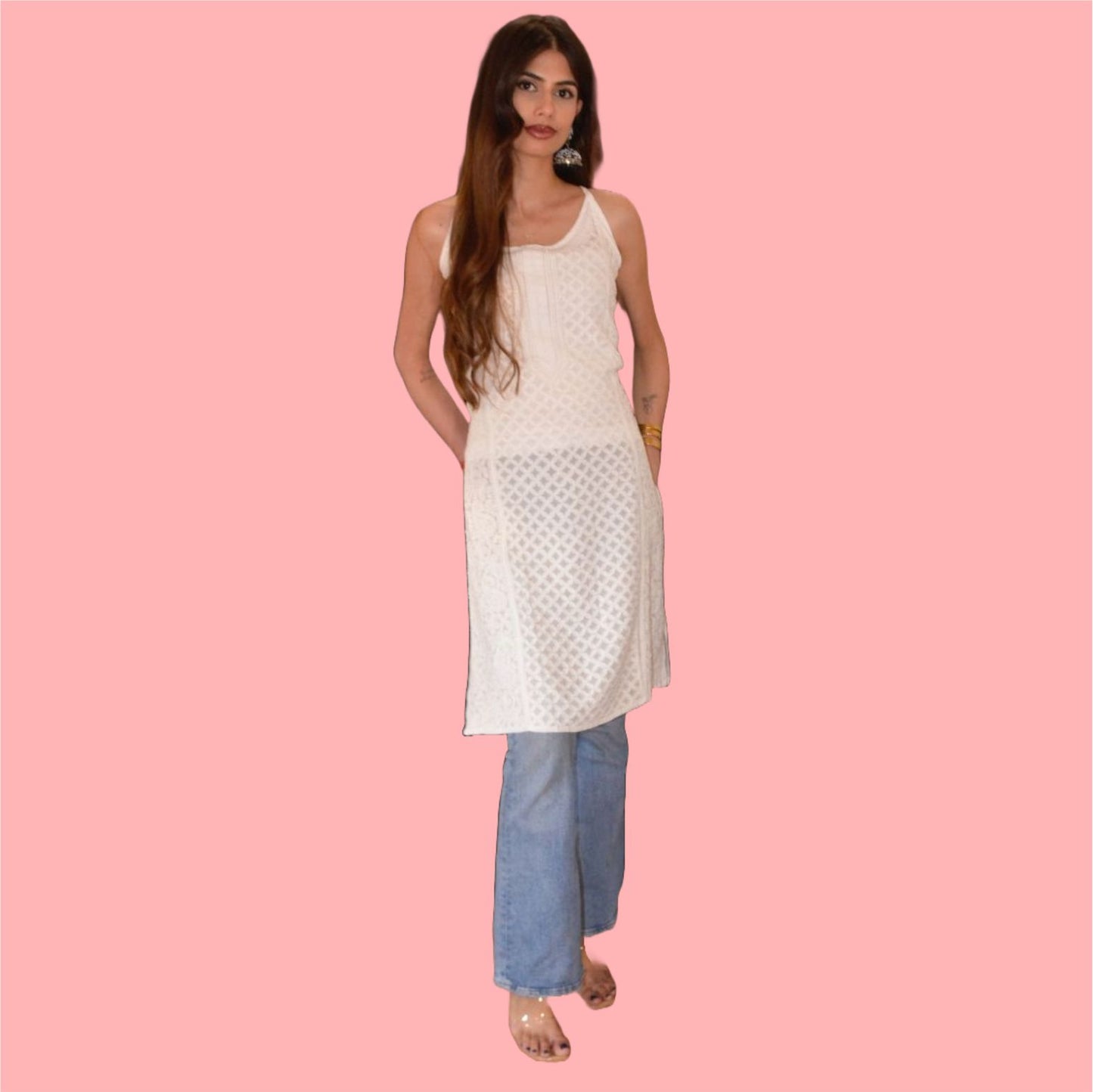 Chikankari Vescose Strap Short Kurti