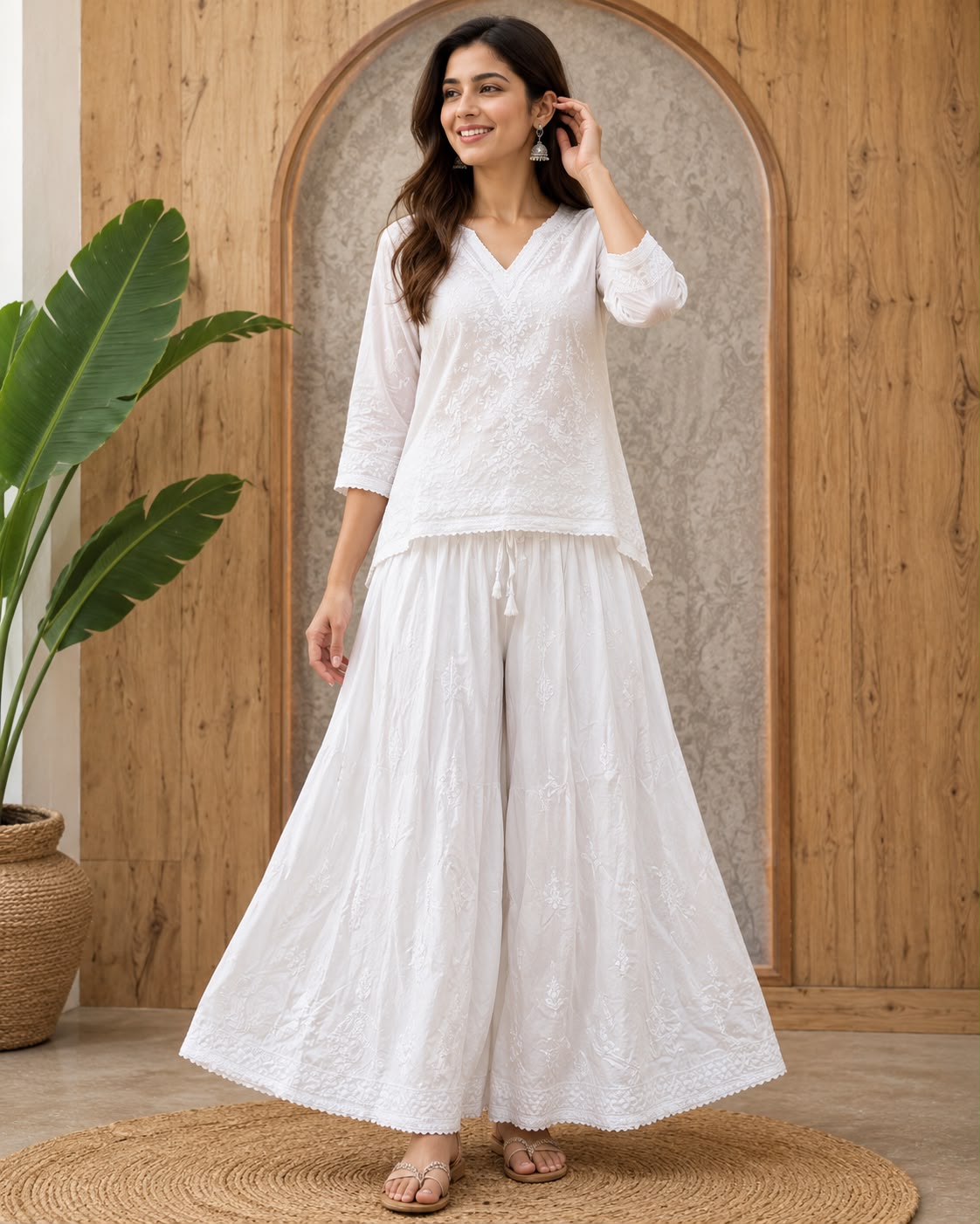 A woman models a white embroidered  chikankari wide-leg palazzo pants, against a rustic wooden archway background.