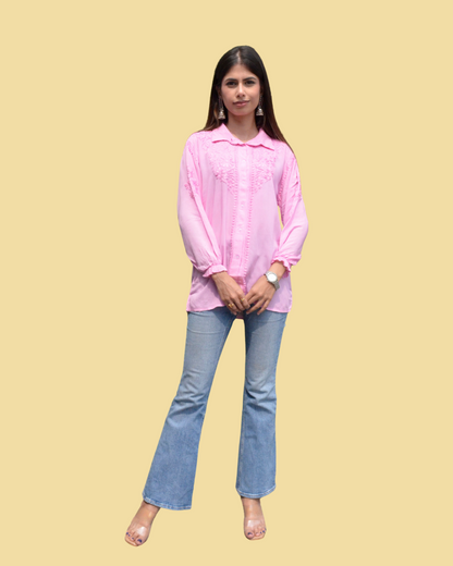 CHIKANKARI  HAND EMROIDERED POWDER PINK MODAL SHIRT
