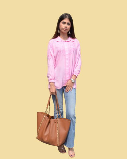 Chikankari Shirt – Powder Pink Hand Embroidered Modal Kurti for Women | House of Anaraa