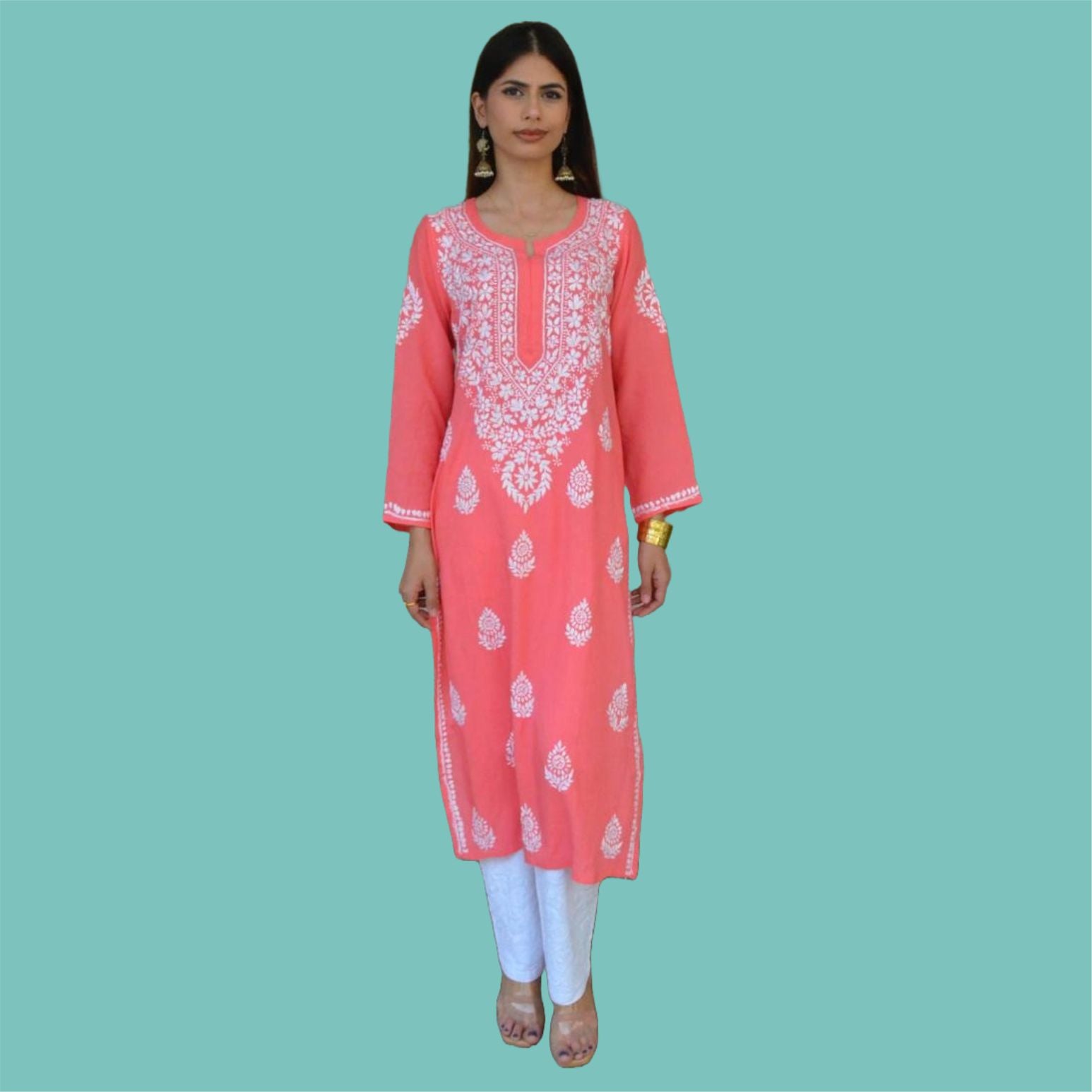 coral modal chikankari kurti with delicate hand embroidery-house of Anaraa Ethenic wear