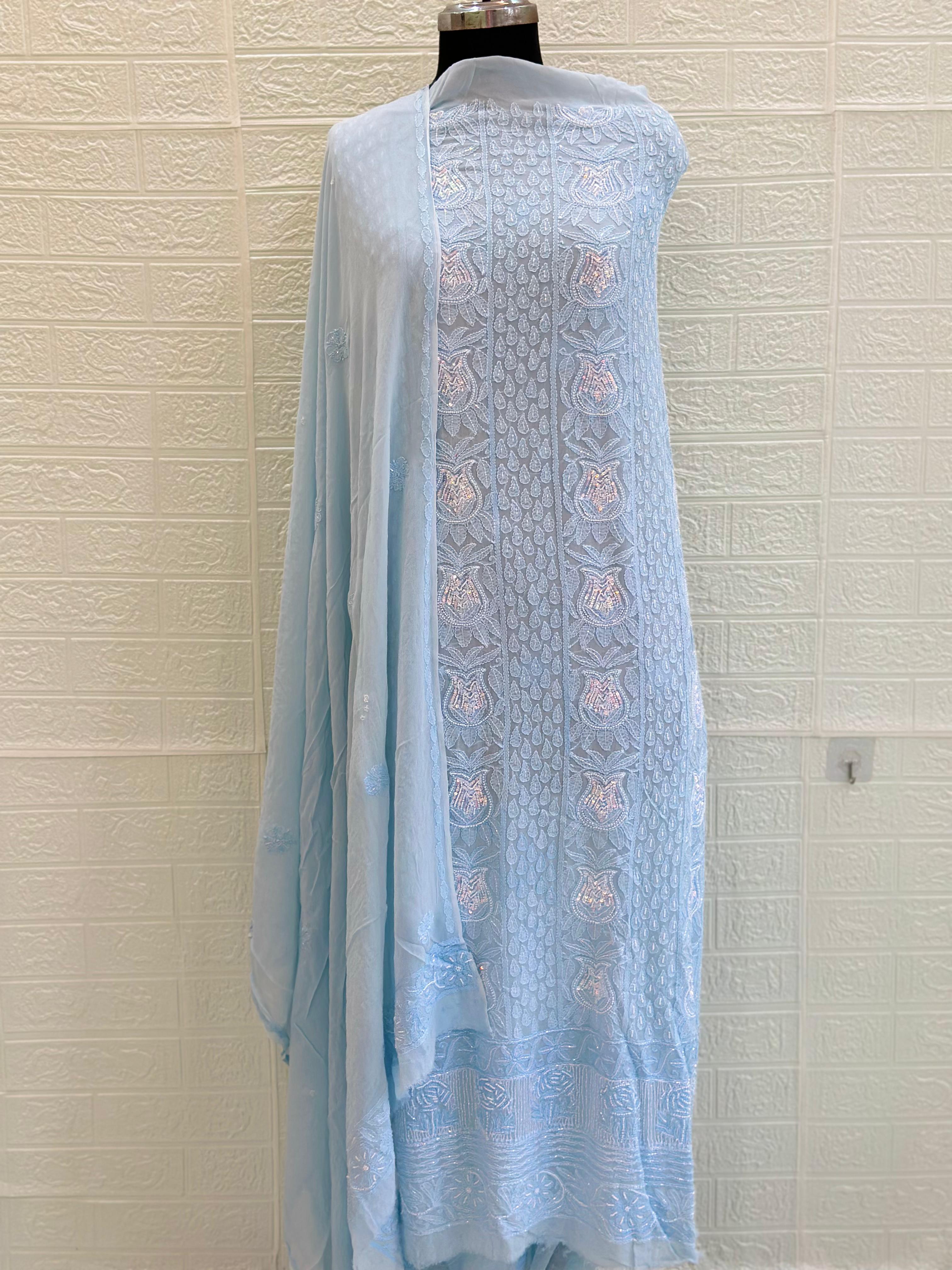 Chikankari Viscose Georgette Unstiched  Full Jaal Suit Set – Hand Embroidery with Pearl & Cut Dana Work