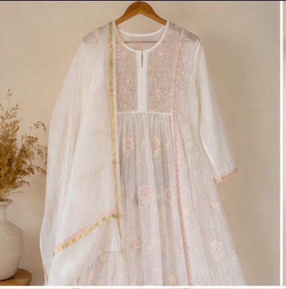 Chikankari Pure Mul Chanderi Semi-Stitched Gown with Dupatta & Pearl Work – Elegant Ethnic Gown