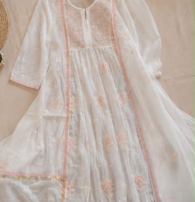 Chikankari Pure Mul Chanderi Semi-Stitched Gown with Dupatta & Pearl Work – Elegant Ethnic Gown