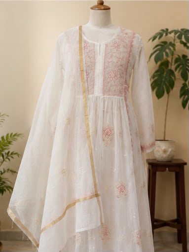 Chikankari Pure Mul Chanderi Semi-Stitched Gown with Dupatta & Pearl Work – Elegant Ethnic Gown