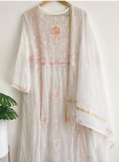 Chikankari Pure Mul Chanderi Semi-Stitched Gown with Dupatta & Pearl Work – Elegant Ethnic Gown