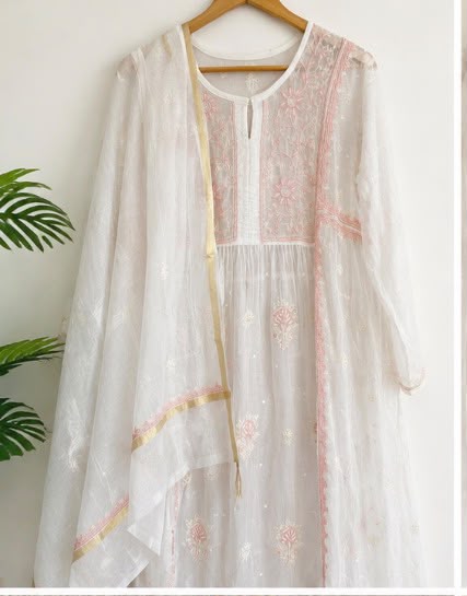 Chikankari Pure Mul Chanderi Semi-Stitched Gown with Dupatta & Pearl Work – Elegant Ethnic Gown