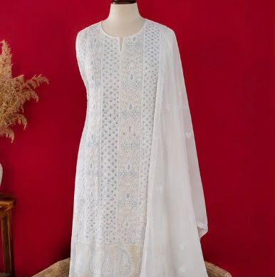 Chikankari Unstitched Viscose Kurti & Dupatta Set – Full Embroidery with Cutdana & Sequins Work