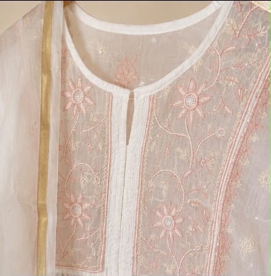 Chikankari Pure Mul Chanderi Semi-Stitched Gown with Dupatta & Pearl Work – Elegant Ethnic Gown
