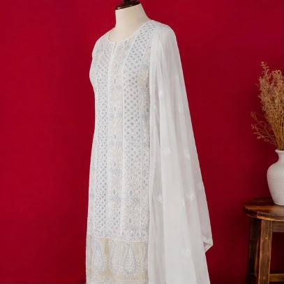 Chikankari Unstitched Viscose Kurti & Dupatta Set – Full Embroidery with Cutdana & Sequins Work