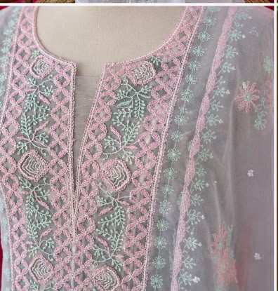 Chikankari  Organza Unstitched Kurti & Dupatta Set – Multicolor Hand Embroidery with Pearl Embellishments