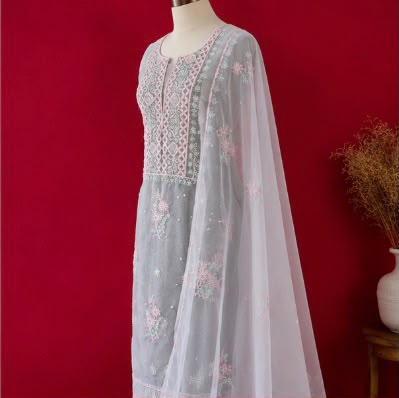 Chikankari Pure Organza Unstitched Kurti & Dupatta Set – Multicolor Hand Embroidery with Pearl Embellishments