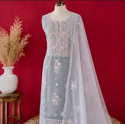 Chikankari Pure Organza Unstitched Kurti & Dupatta Set – Multicolor Hand Embroidery with Pearl Embellishments