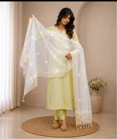 Chikankari Women's Mul Chanderi Silk Dupatta