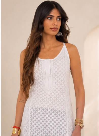 Chikankari Viscose Strap Short Kurti