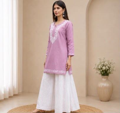 Lucknowi Chikankari Cotton Short Top- Mauve