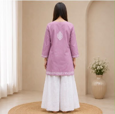 Lucknowi Chikankari Cotton Short Top- Mauve