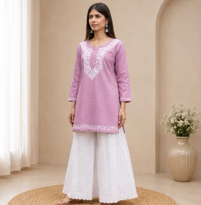 Lucknowi Chikankari Cotton Short Top- Mauve